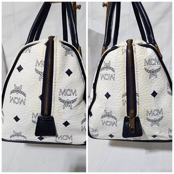 Authentic MCM Vintage Coated Canvas visetos Handle Bag Navy Blue/White - Picture 5 of 14